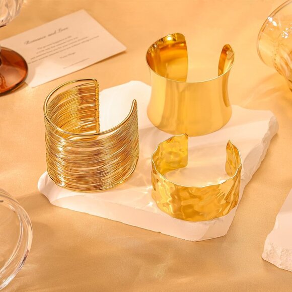 3PCS Gold Chunky Cuff Bracelets for Women Irregular Minimalist Statement Bangle - Picture 6 of 7